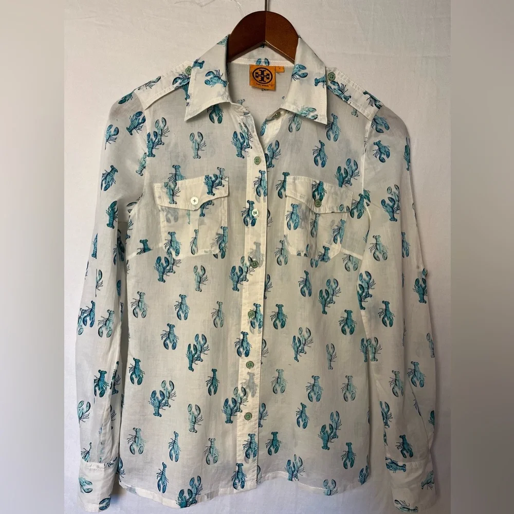 Tory Burch Women’s Brigitte Lobster Print Button Up Shirt - White/Turquoise- 2